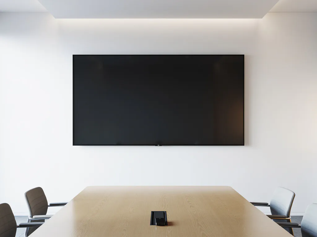 Groot 90-inch touchscreen display aan witte muur in moderne vergaderruimte, met draadloze dongle op lichte eiken tafel op de voorgrond.