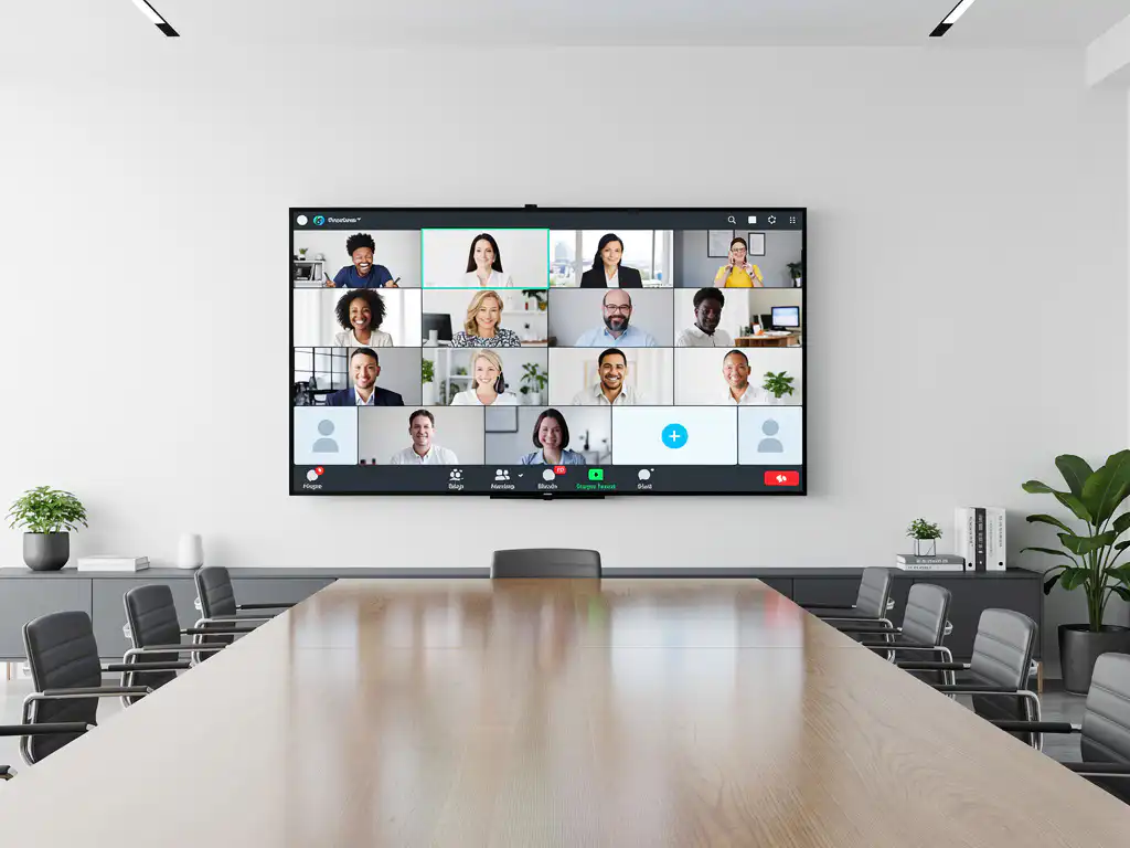 90-inch interactief touchscreen in vergaderruimte met Google Meet videogesprek, eikenhouten tafel en minimalistische witte inrichting.