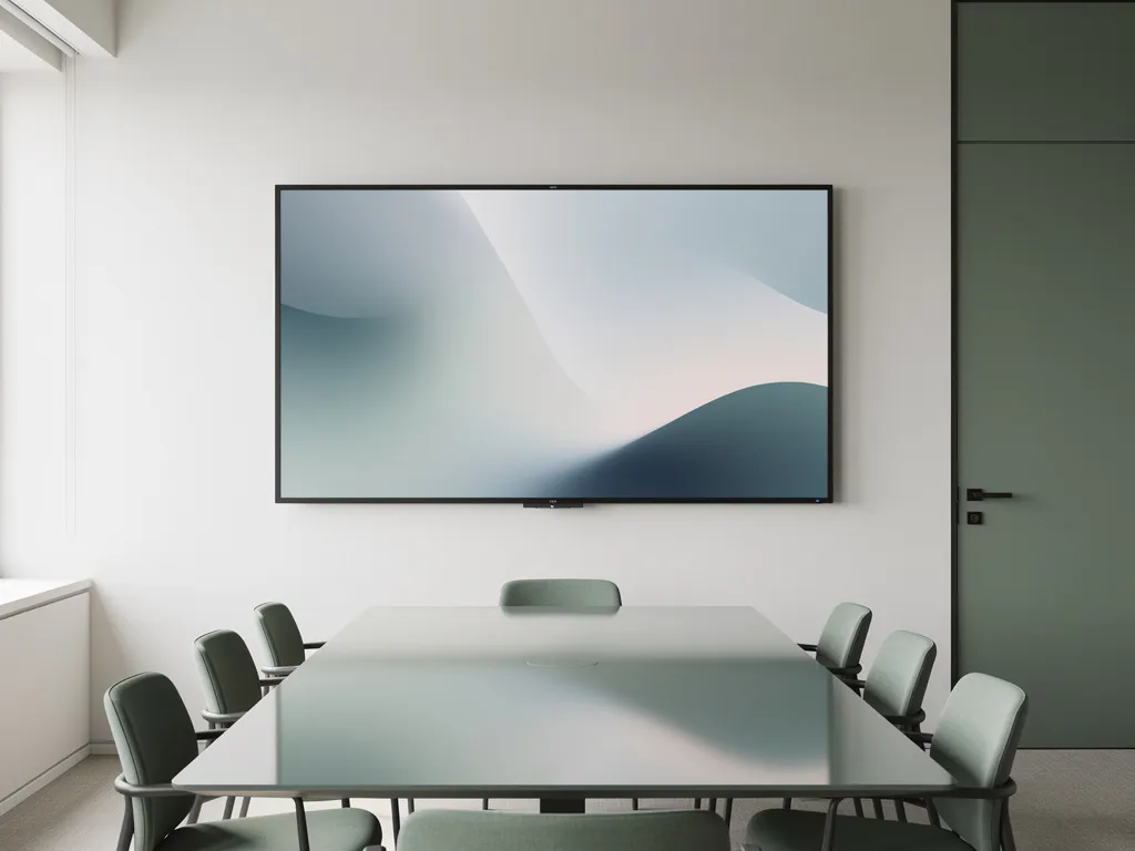 90-inch refurbished interactief touchscreen aan witte muur in moderne vergaderruimte met strak design en natuurlijk daglicht.