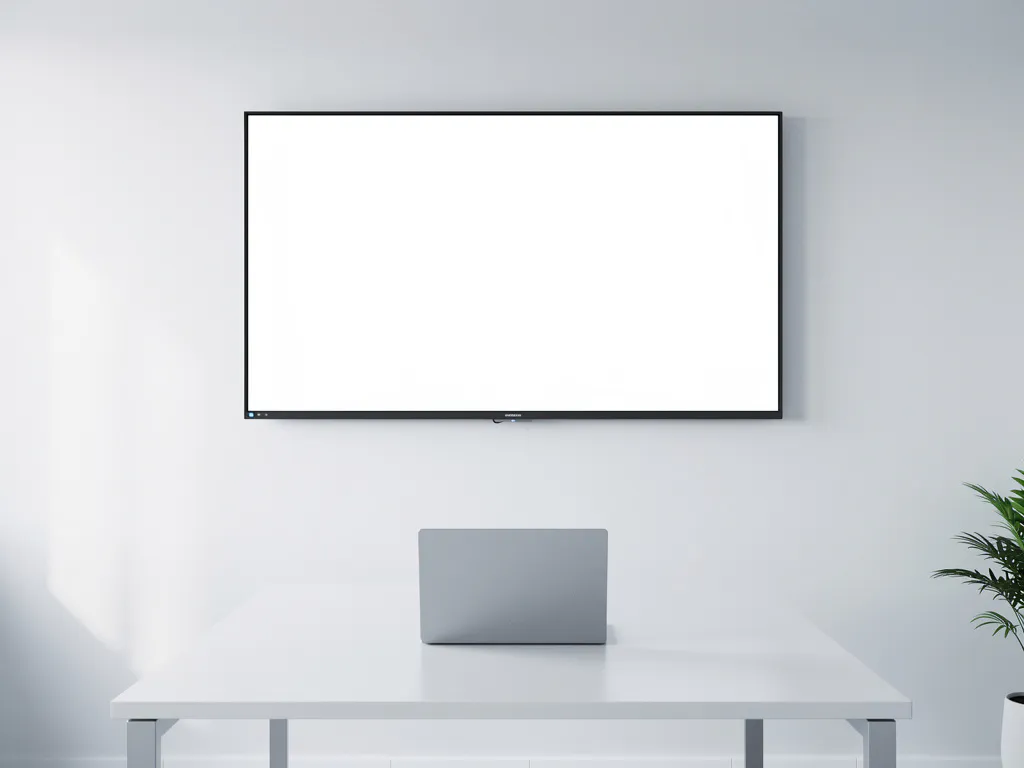 Groot 90-inch touchscreen aan witte muur in minimalistisch vergaderzaal, slanke laptop op lege tafel in gedempte zilver- en wittinten.