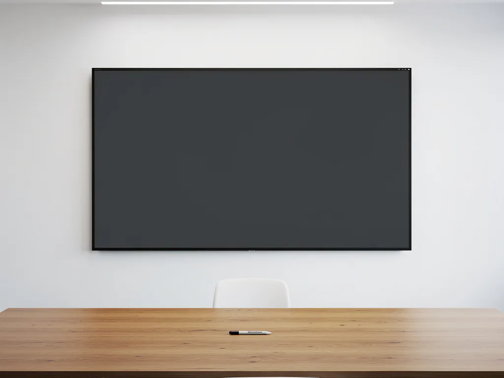 Groot 90-inch touchscreen display aan witte muur in minimalistisch vergaderruimte, met een marker op een houten tafel eronder.