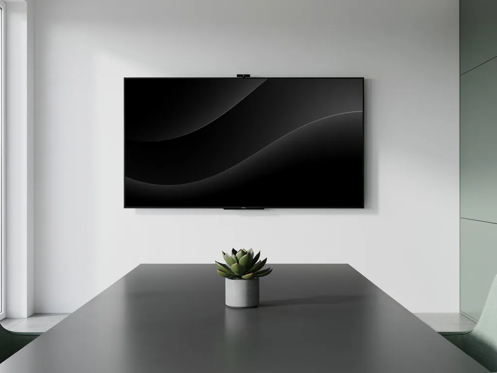 Groot 90-inch touchscreen op witte muur in minimalistisch vergaderruimte met mat antraciet tafel en kleine succulent.