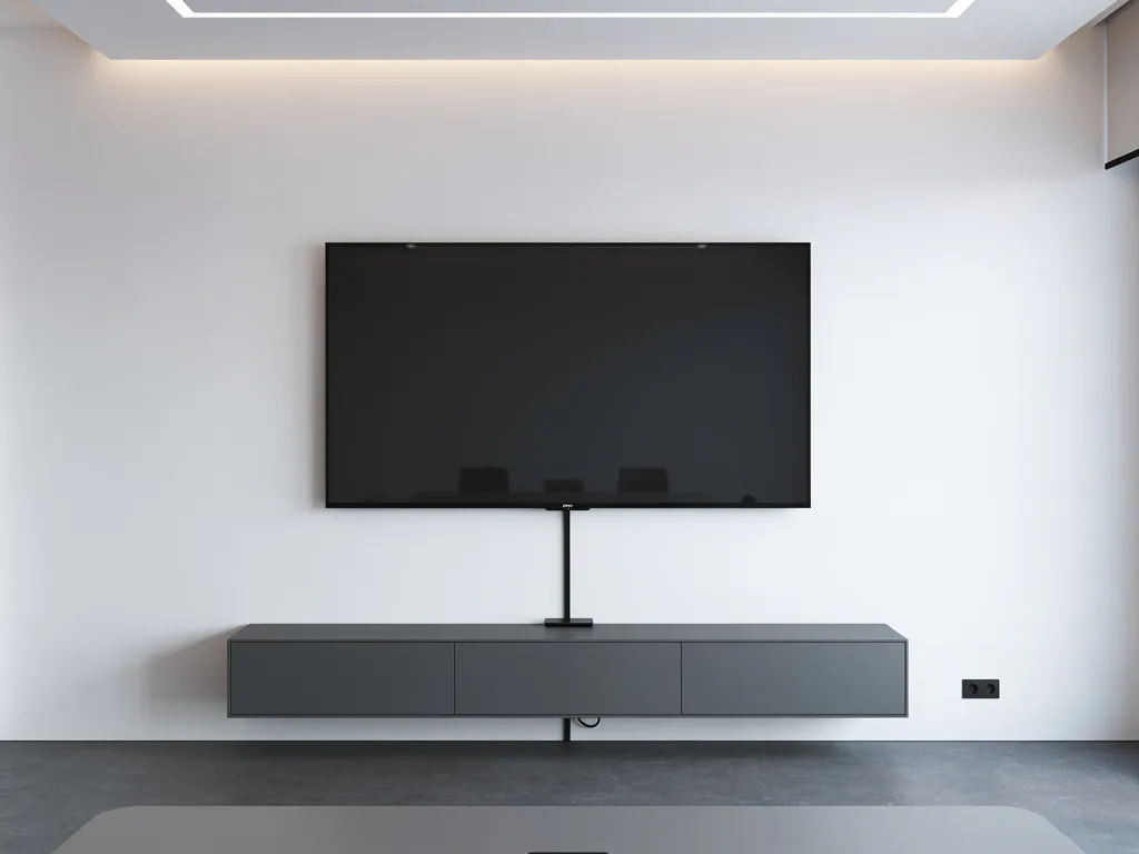 90-inch touchscreen display aan witte muur met netjes weggewerkte kabelgeleiding in minimalistisch vergaderruimte.
