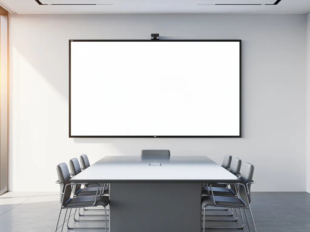 90-inch touchscreen display aan witte muur in minimalistisch vergaderruimte met glazen reflectie van conferentietafel.