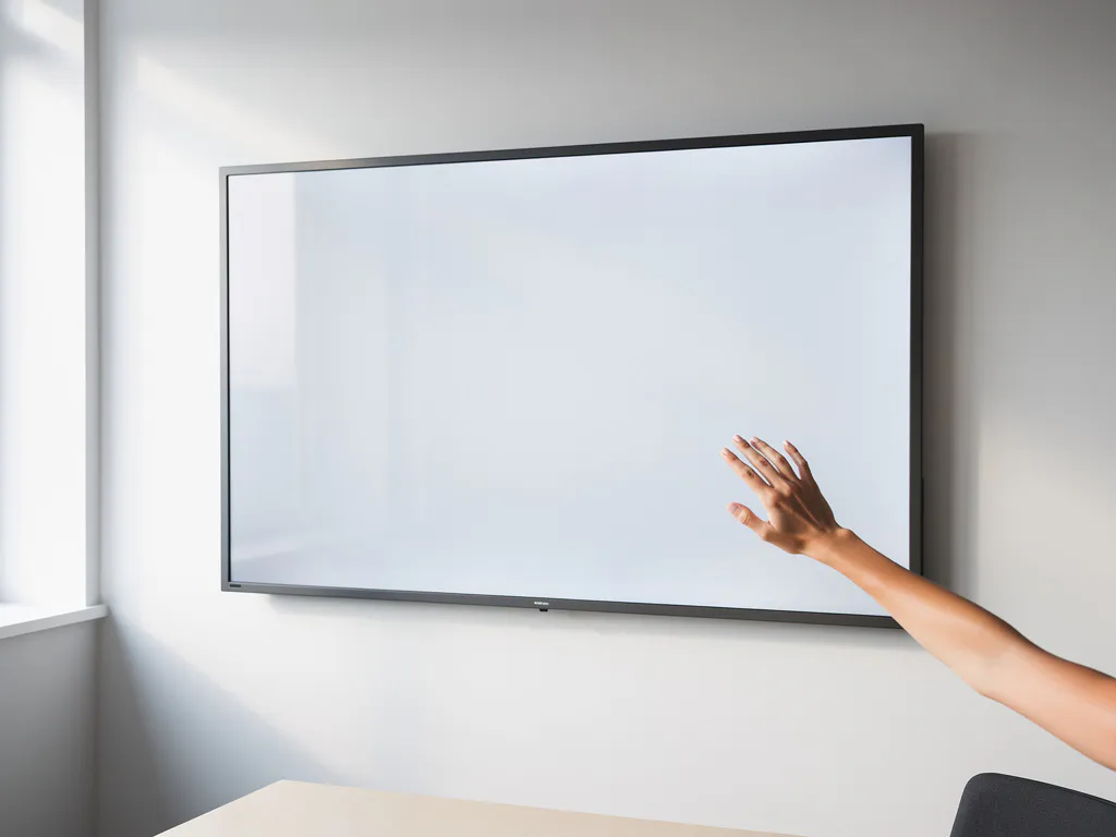 Hand die een groot 90-inch touchscreen aanraakt in een moderne vergaderruimte met witte muren en natuurlijk licht.