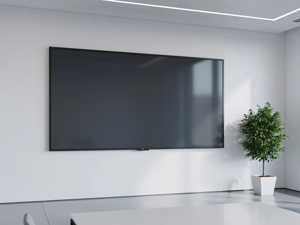 Groot 90-inch touchscreen display aan witte muur in moderne vergaderruimte, met potplant in de hoek en zachte indirecte verlichting.