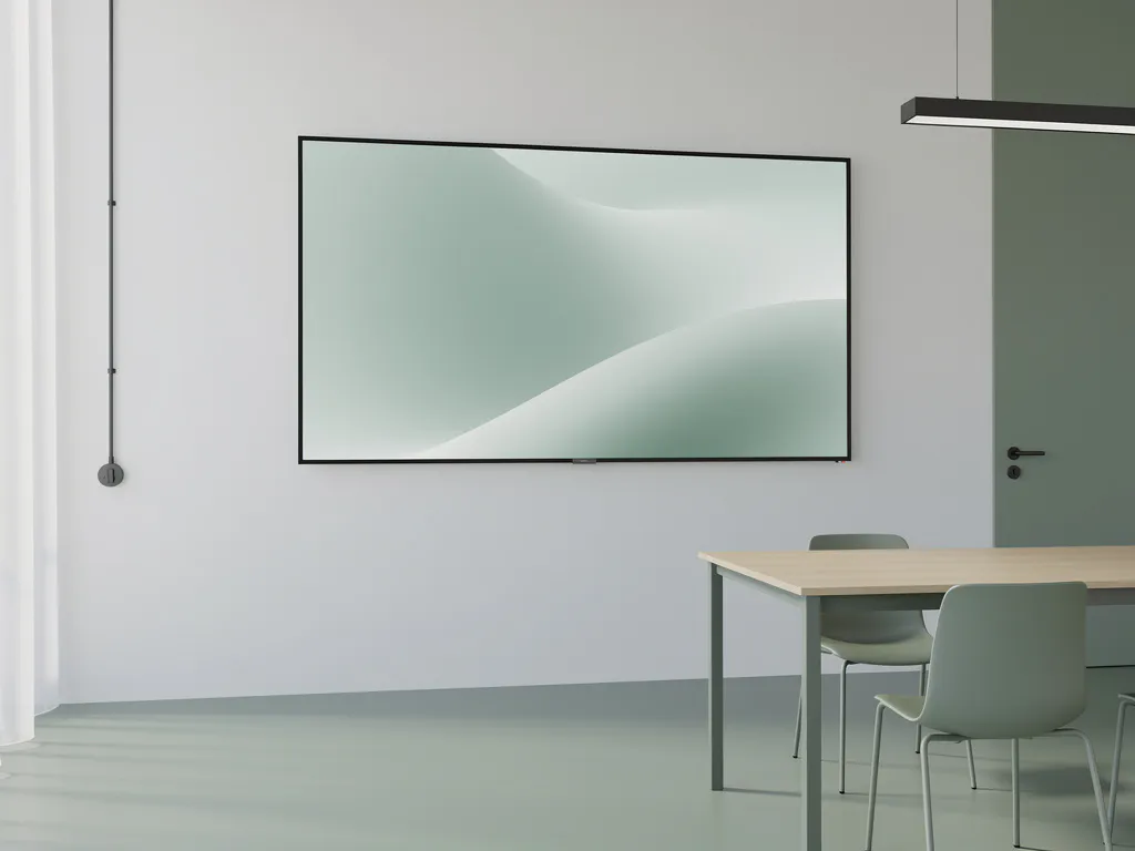 Groot 90-inch touchscreen op witte muur in minimalistisch vergaderruimte met houten tafel en zachte natuurlijke belichting.