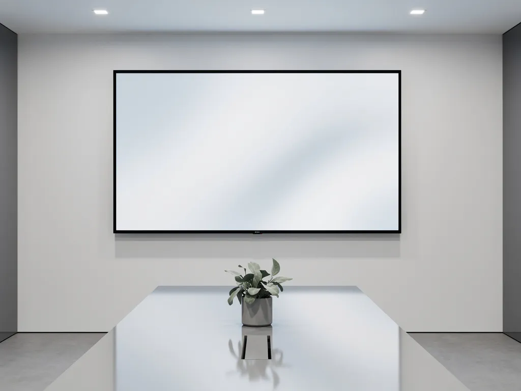 Groot 90-inch touchscreen op witte muur in minimalistisch vergaderruimte met slanke conferentietafel en salie groene plant.