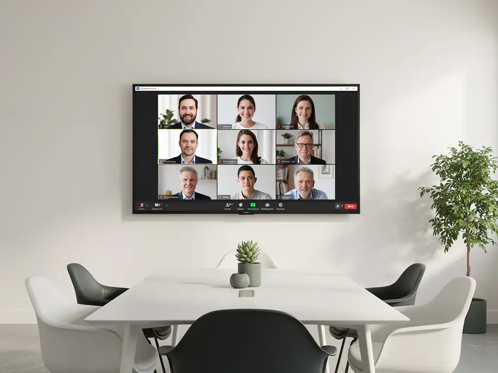 90-inch interactief touchscreen in vergaderruimte met videobel-interface, minimalistische witte muur en groene plant op de achtergrond.