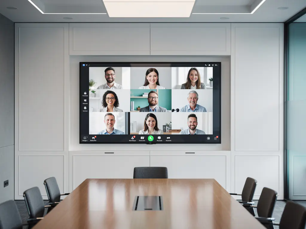 90-inch interactief touchscreen in vergaderruimte toont videogesprek met meerdere deelnemers, met eikenhouten tafel op de voorgrond.