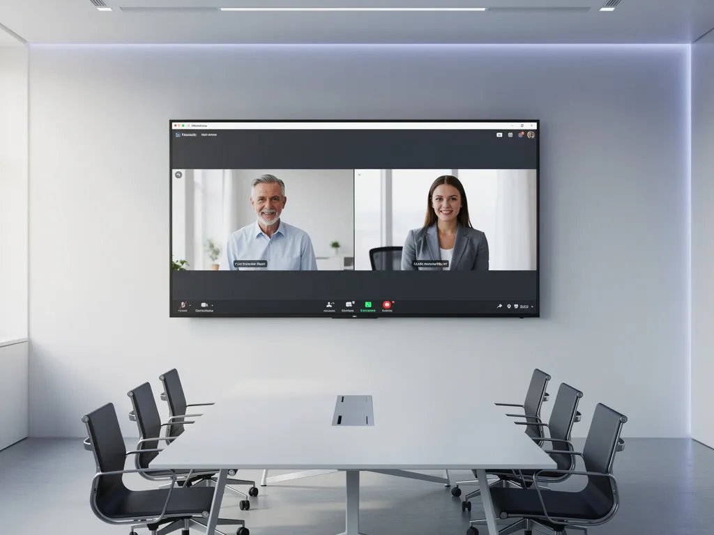 Groot 90-inch interactief touchscreen in minimalistische vergaderruimte met twee videogesprekken naast elkaar op één scherm.