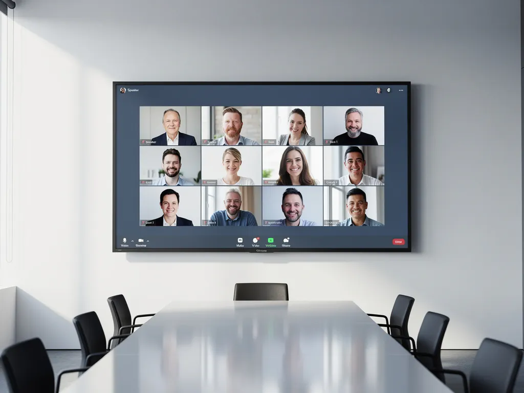 Groot interactief touchscreen op witte muur in moderne vergaderruimte met Google Meet videogesprek.