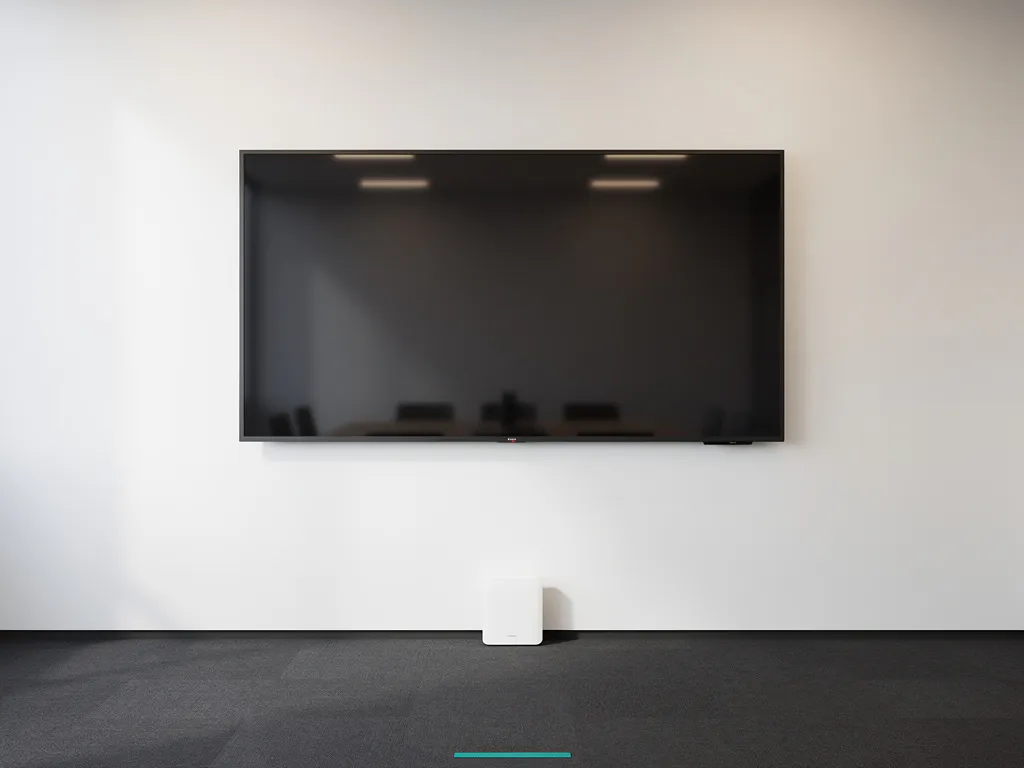 Groot 90-inch interactief touchscreen aan witte muur met slanke wifi-router op de vloer in minimalistisch vergaderruimte.