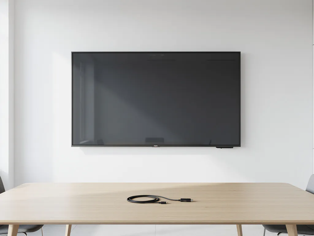 90-inch touchscreen display aan witte muur in minimalistisch vergaderruimte, met HDMI- en USB-C-kabel op eiken tafel.
