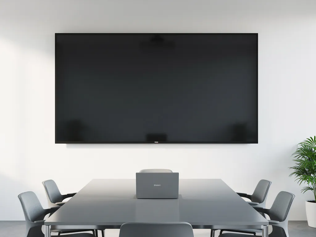 Reusachtig 90-inch touchscreen aan witte muur in moderne vergaderruimte, met klein laptop op tafel dat het formaatverschil benadrukt.