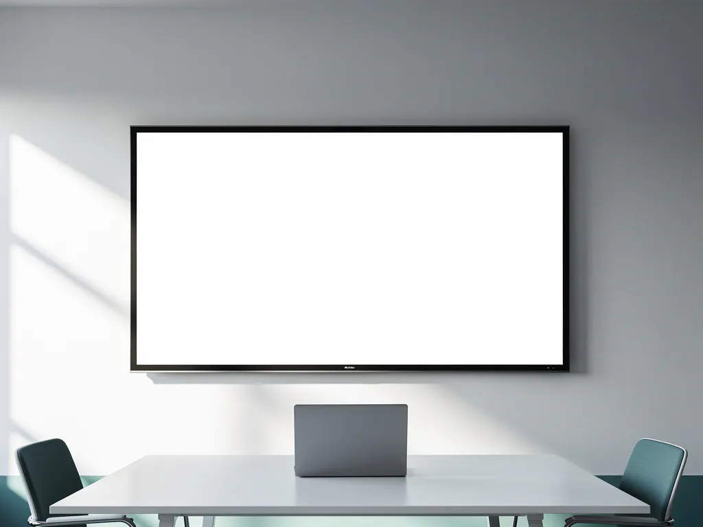 90-inch interactief touchscreen in moderne vergaderruimte met witte muur, laptop op minimalistische tafel, zacht ochtendlicht.