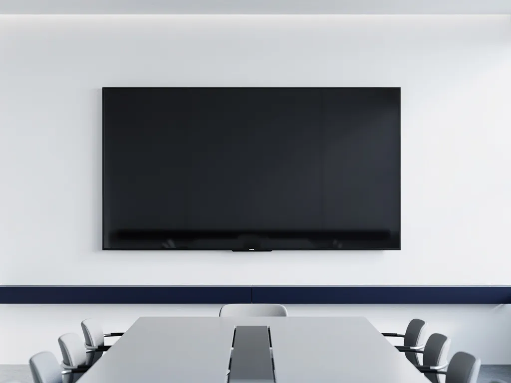 90-inch touchscreen display aan witte vergaderzaalwand, gereflecteerde tafel in donker glas, strakke grijsblauwe tinten.