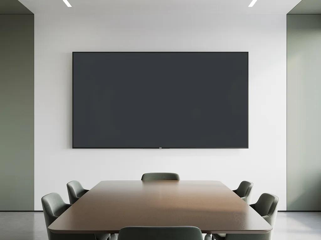 Groot 90-inch touchscreen op witte muur in minimalistisch vergaderruimte met houten tafel en saliegroen kleuraccenten.