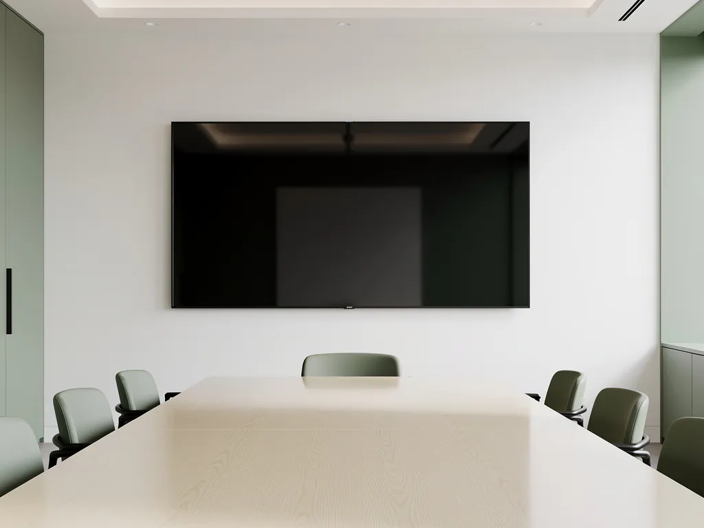 Groot 90-inch touchscreen op witte muur in minimalistisch vergaderruimte met lichthouten tafel en saliegroen kleuraccent.