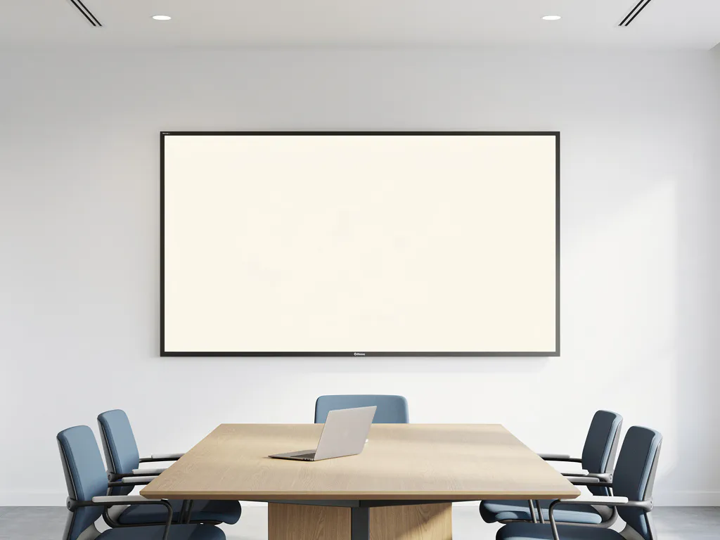 90-inch touchscreen display aan witte vergaderzaalwand, met een draadloze laptop op een minimalistische eikenhouten tafel.