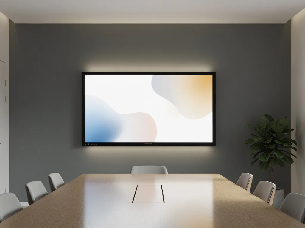 Grote 90-inch touchscreen in minimalistisch vergaderruimte met eikenhouten tafel, saliegroen plant en zacht diffuus licht.