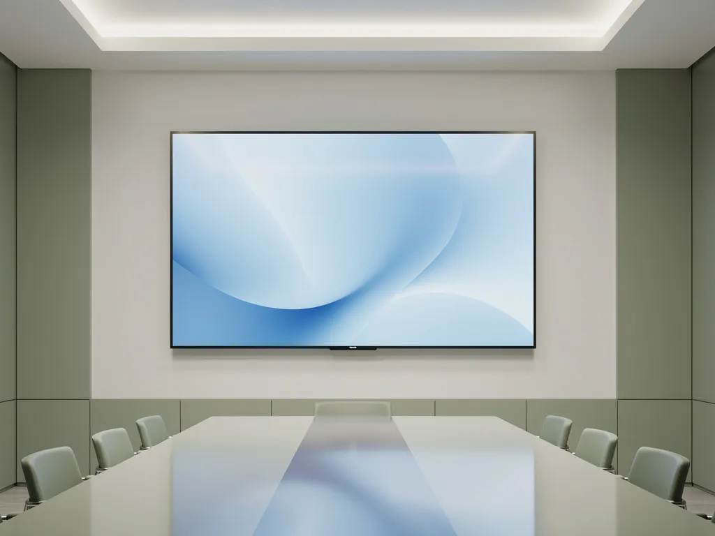 90-inch touchscreen display aan witte muur in minimalistisch vergaderruimte met saliegroen en warm wit interieur.