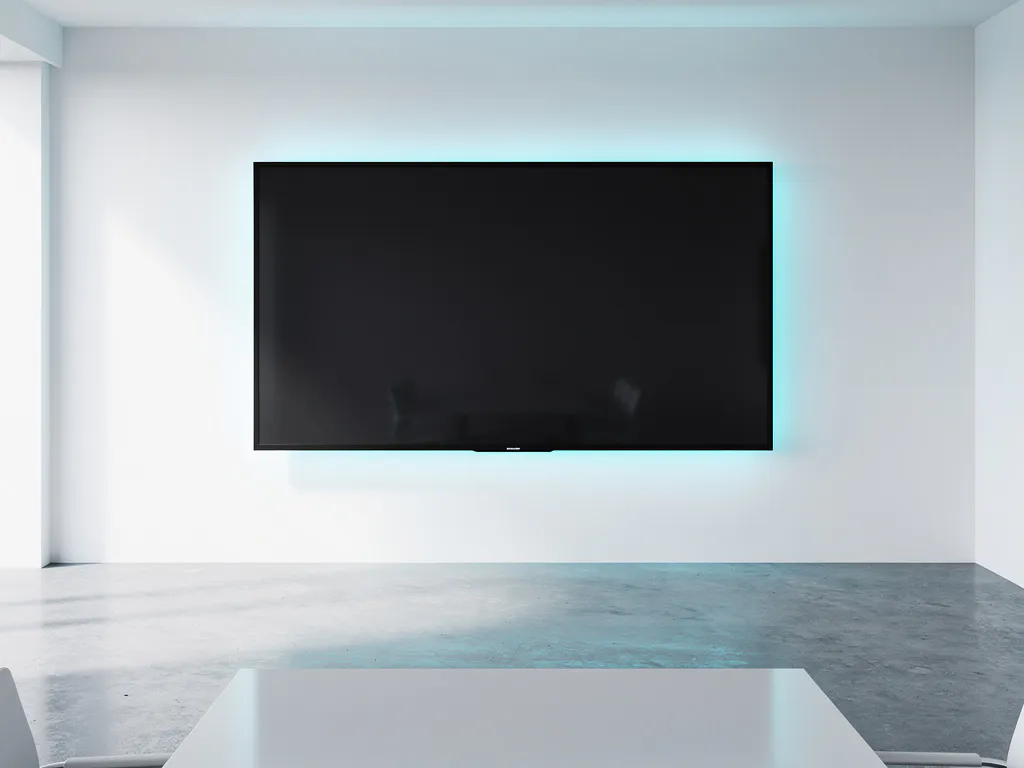 Groot 90-inch touchscreen op witte muur in moderne vergaderruimte met betonnen vloer en strakke conferentietafel.