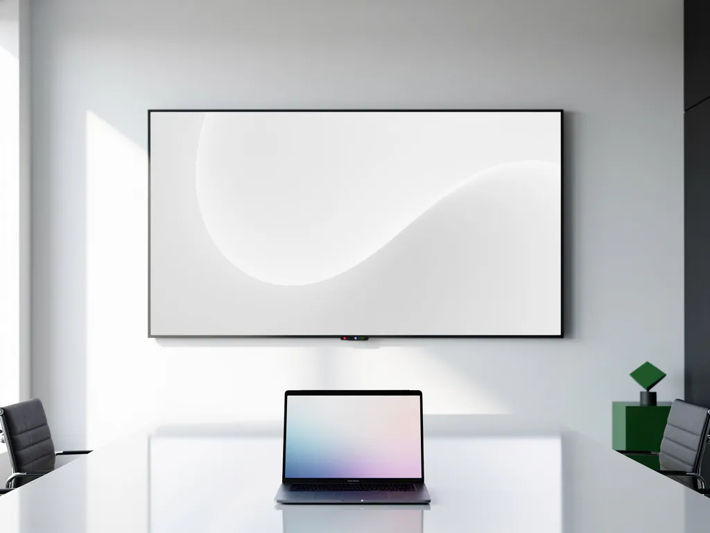 90-inch interactief touchscreen op witte muur in moderne vergaderruimte, met open laptop op strakke conferentietafel.