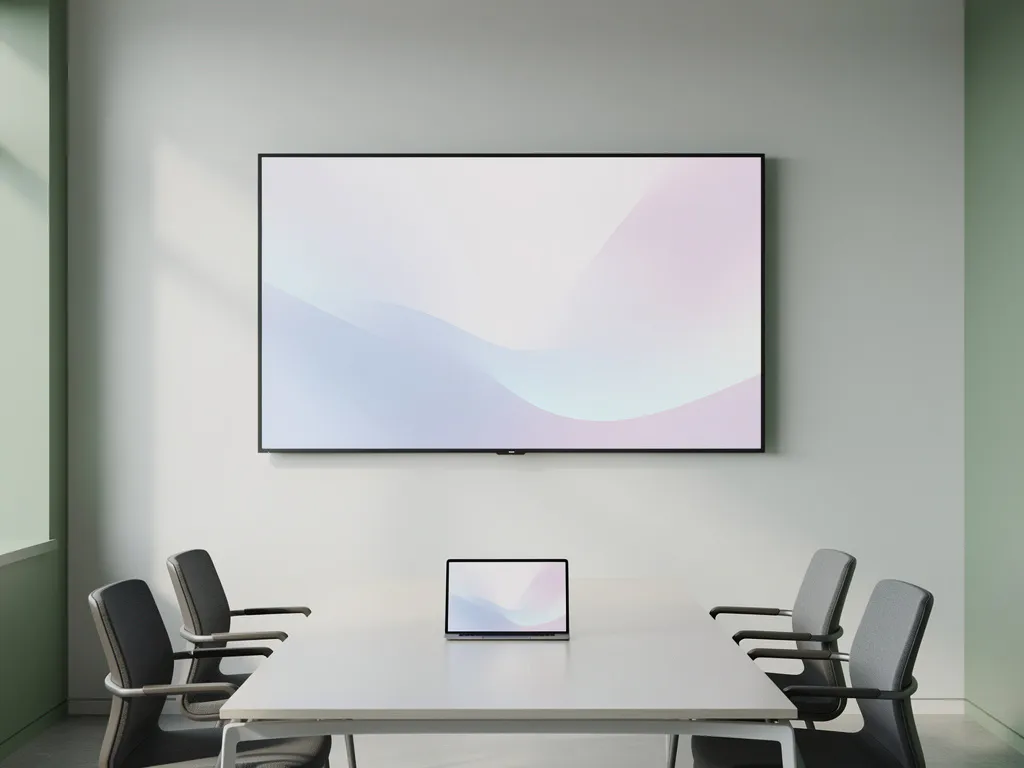 Groot 90-inch touchscreen in moderne vergaderruimte met minimalistische inrichting, vergadertafel met open laptop en zacht natuurlijk licht.