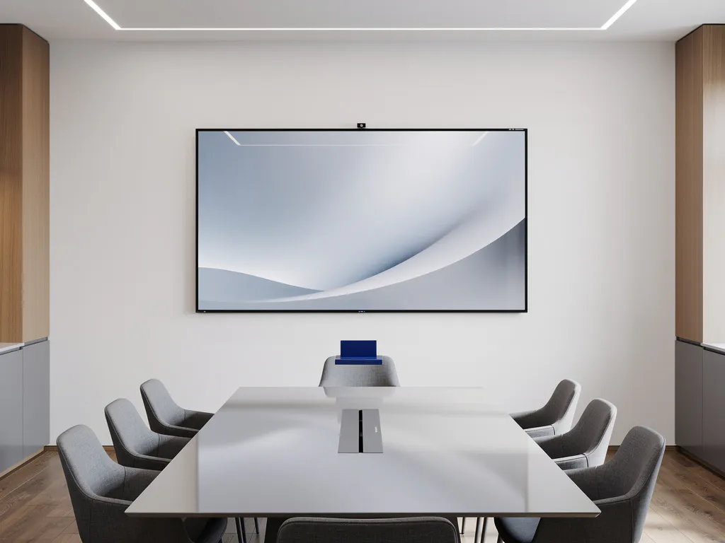 90-inch touchscreen display aan witte muur in minimalistische vergaderruimte met houten tafel en grijsblauwe accenten.