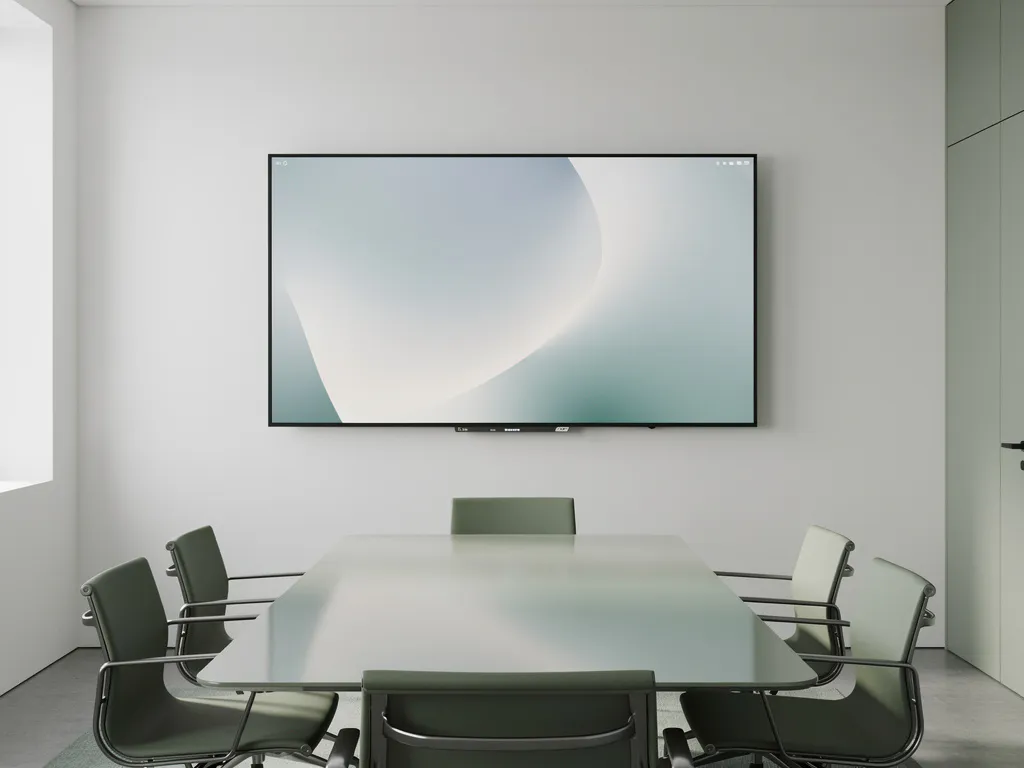 Groot 90-inch touchscreen display aan witte muur in moderne vergaderruimte met strakke tafel en zacht natuurlijk licht.