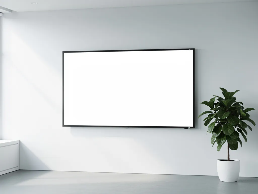 Gerefurbisht 90-inch touchscreen op witte muur in moderne vergaderruimte, met groene plant ernaast in natuurlijk daglicht.