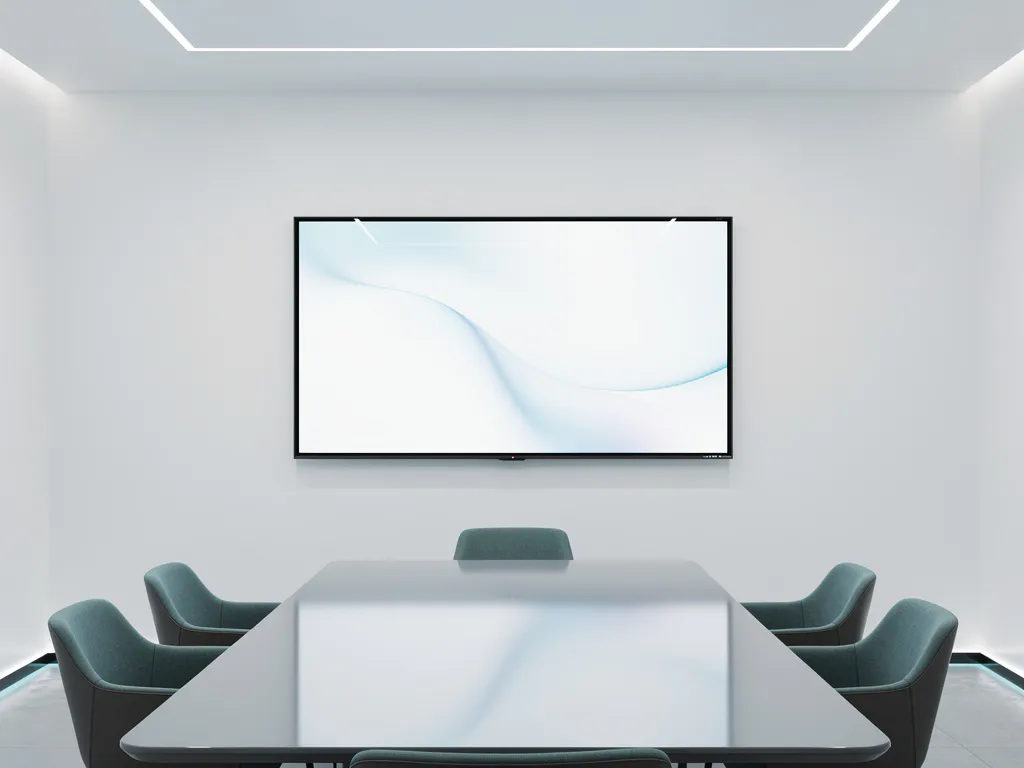 Groot 90-inch touchscreen display aan witte muur in minimalistisch vergaderruimte met strakke conferentietafel en zachte verlichting.
