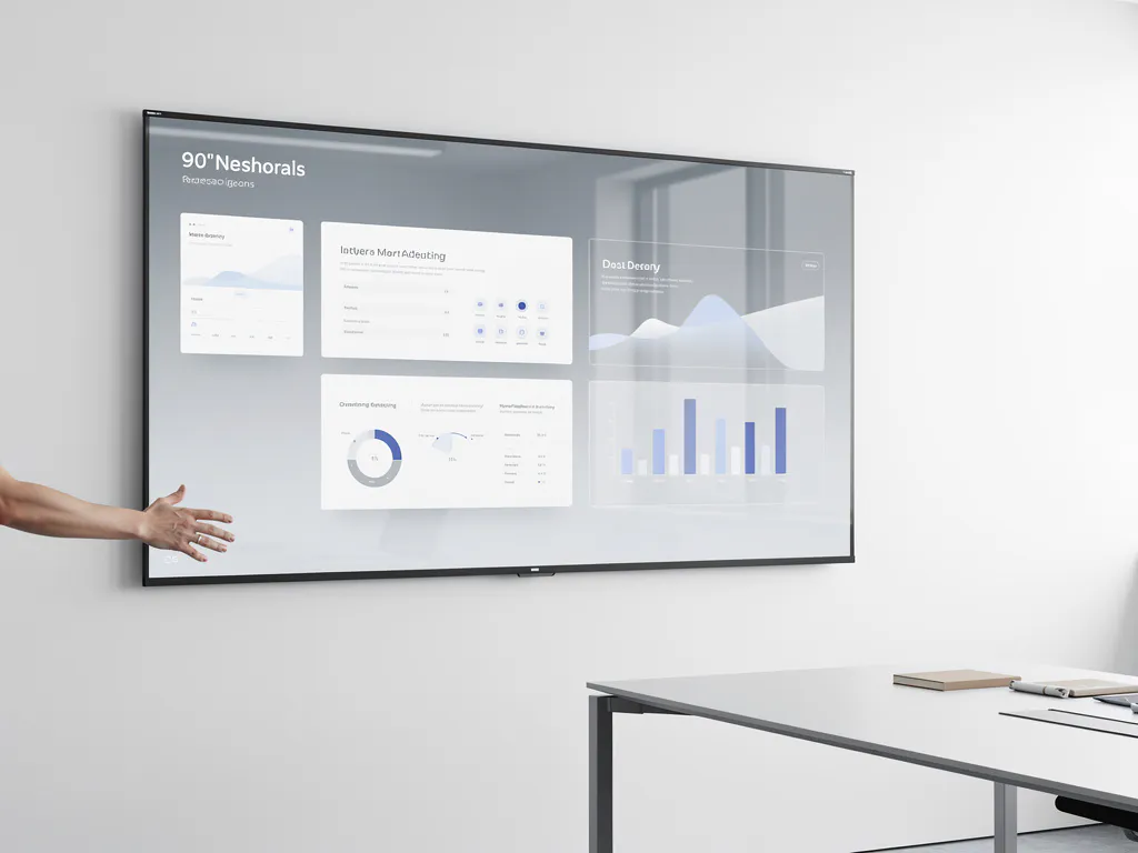 Presentator bedient een 90-inch touchscreen in moderne vergaderruimte met wit interieur en blauw-grijs kleurenpalet.