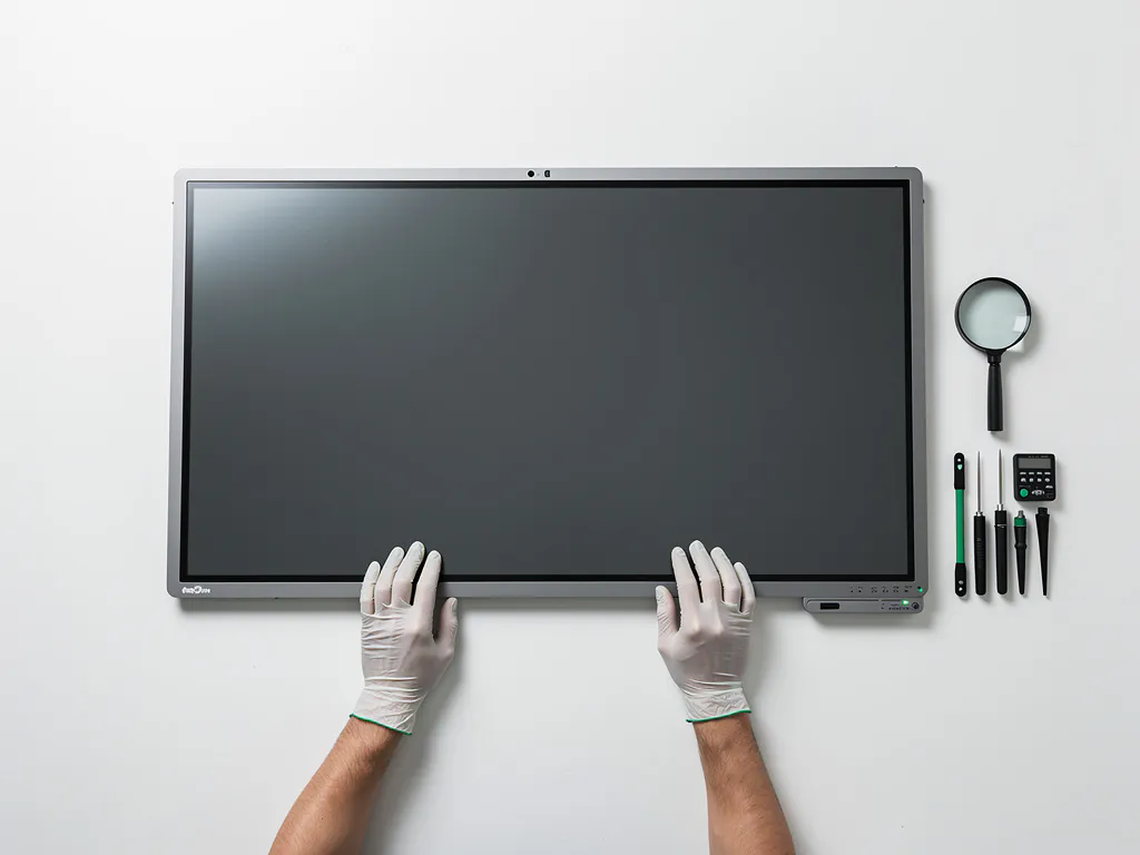 Gehandschoende handen inspecteren een 90-inch interactief smartboard op een witte werkbank met vergrotingsloup en kalibratiegereedschap.