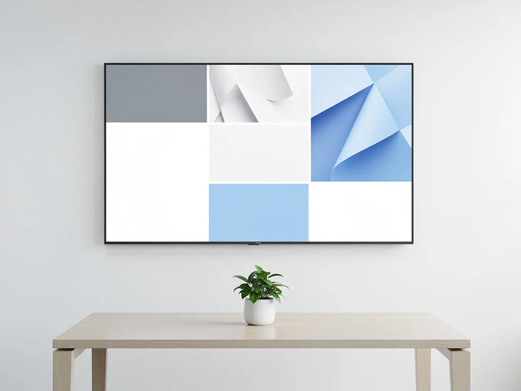 90-inch interactief display aan witte muur in moderne vergaderruimte met kleurrijke contenttegels, minimalistisch bureau en potplant eronder.