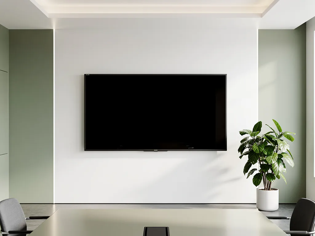 Opgeknapt interactief displaypaneel aan witte muur in minimalistisch vergaderruimte, met groen potplant ernaast.