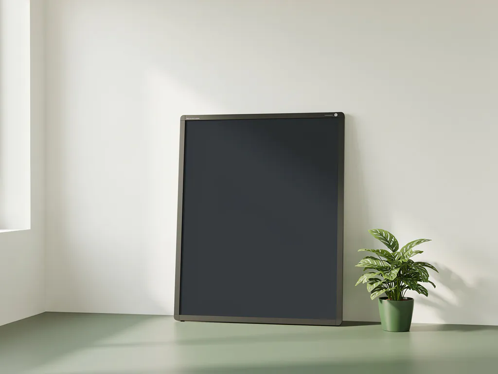 Gerefurbisht interactief digibord leunend tegen witte muur in modern klaslokaal, met klein groen plantje ernaast.