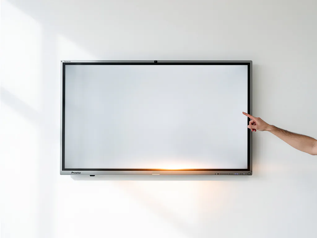 Vinger die het midden van een 90-inch Prowise interactief touchboard aanraakt tijdens kalibratie in een strak wit klaslokaal.