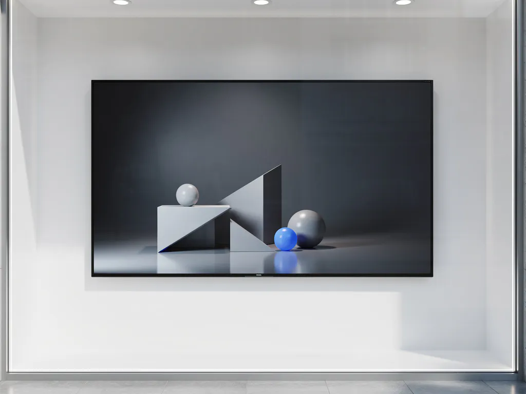 90-inch interactief touchscreen in een minimalistische etalage met elektrisch blauwe gloed op witte muren.