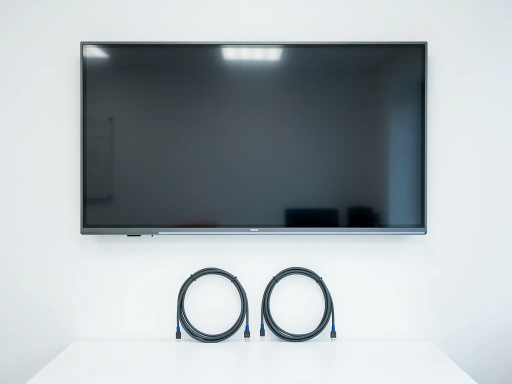 Groot interactief touchscreen van 90 inch aan witte klaslokaalwand, met een HDMI- en USB-C-kabel ernaast op wit oppervlak.