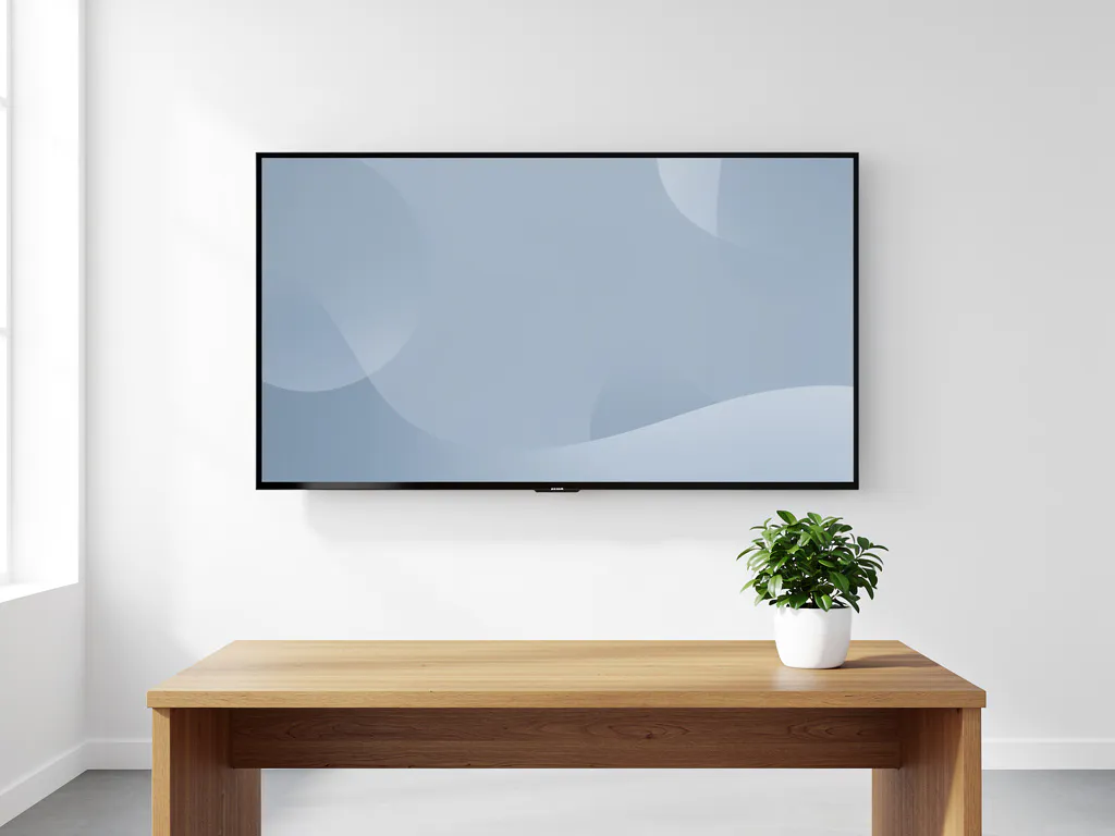 90-inch interactief touchscreen aan klaslokaalwand, met houten docentenbureau en klein groen plantje op de voorgrond.