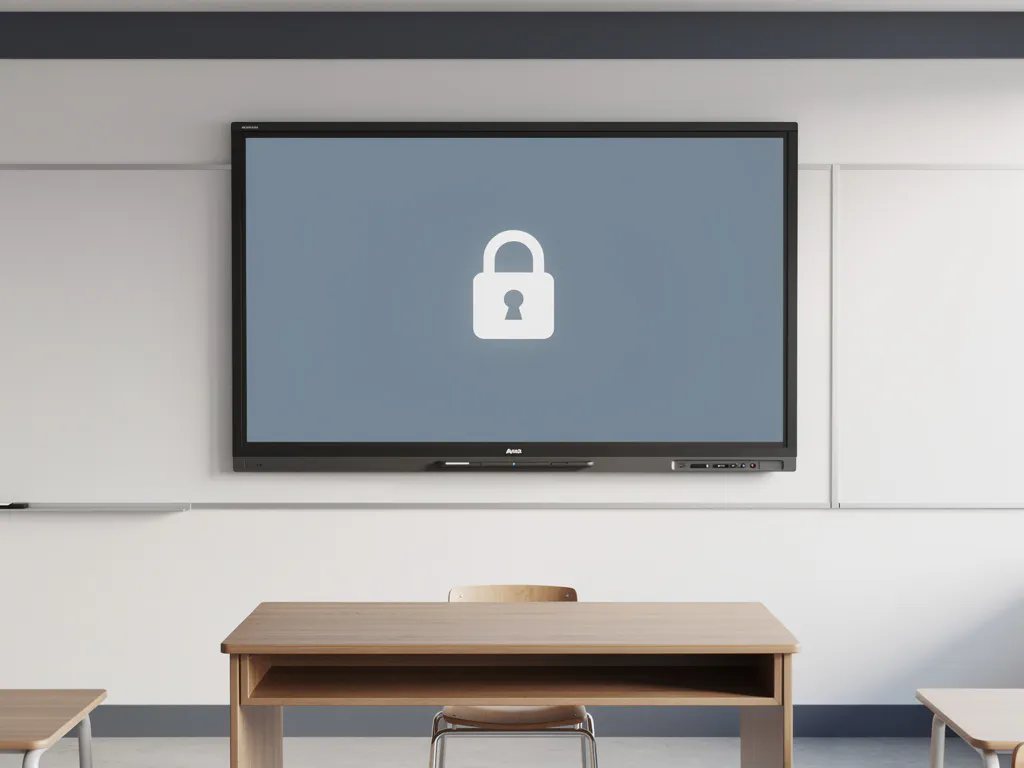 90-inch interactief touchscreen aan klaslokaalwand met vergrendelingspictogram, houten docentenbureau op voorgrond, minimalistische opstelling.