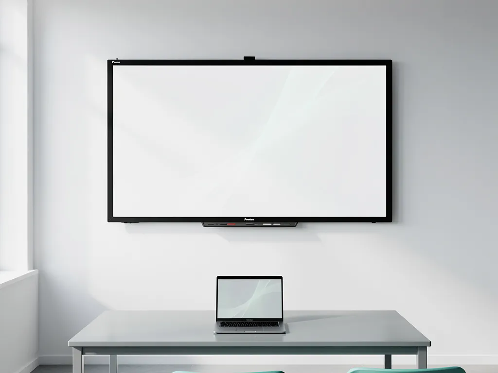 Groot interactief touchscreen van 90 inch aan witte klaslokaalwand, met een open laptop op een minimalistische tafel eronder.