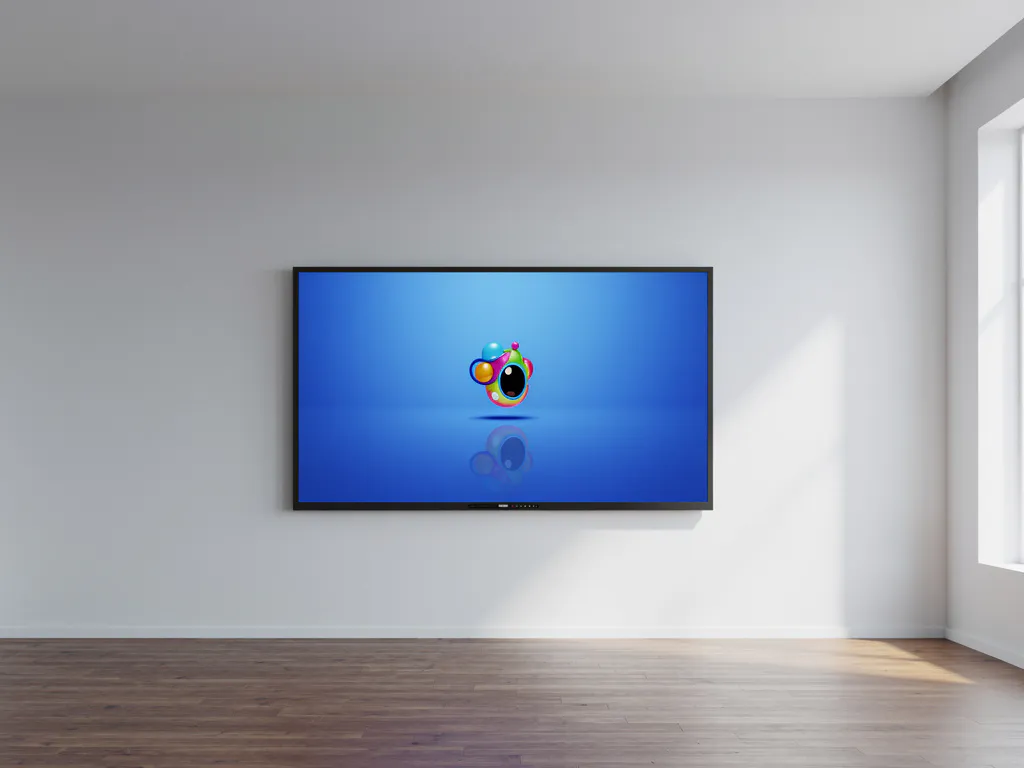 Groot interactief touchscreen van 90 inch aan een grijze klaslokaalwand met eiken vloer en levendig kobaltblauw speelelement op het scherm.