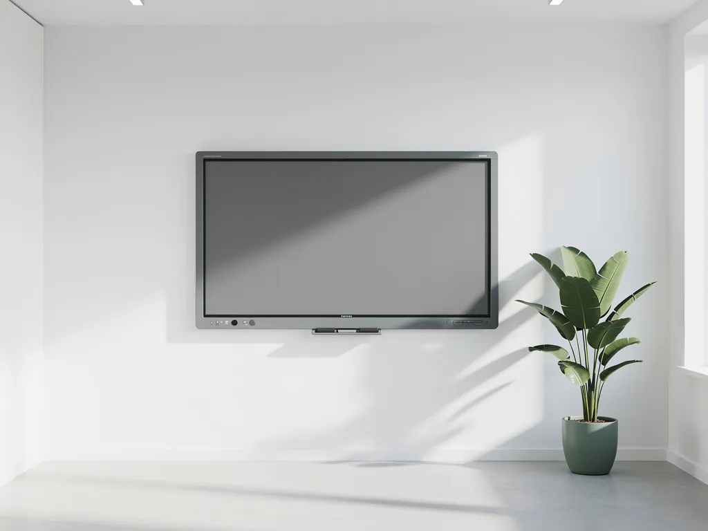 Groot interactief touchscreen aan witte klaslokaalwand met groen kamerplantje op de vloer ernaast, verlicht door natuurlijk daglicht.