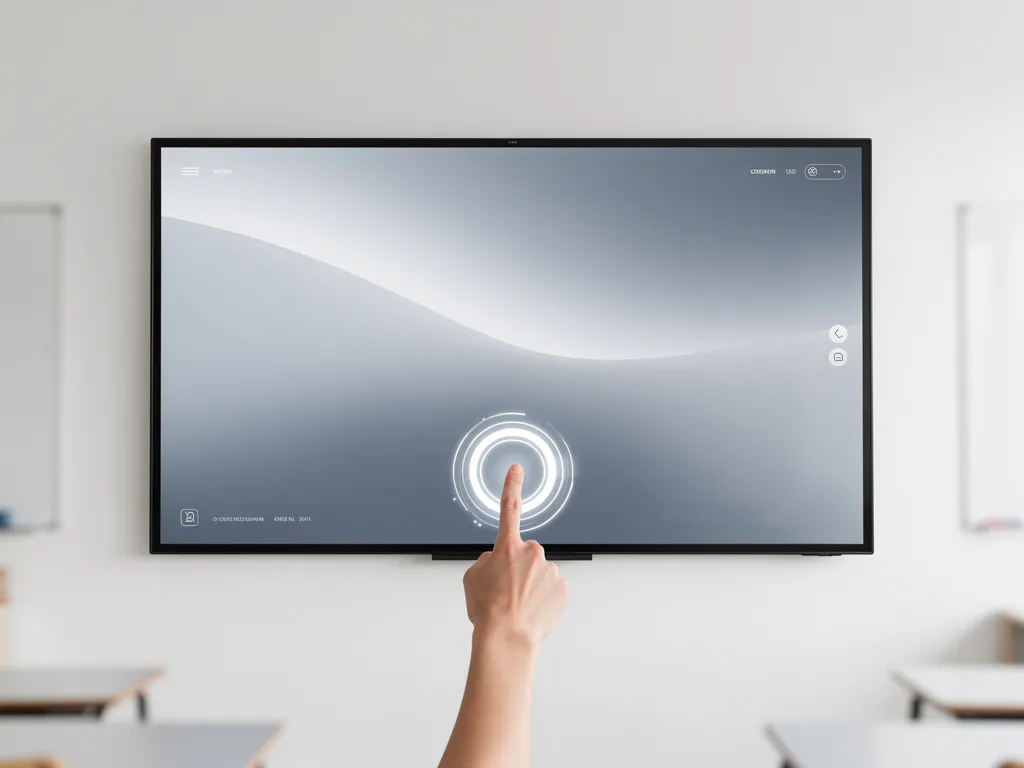 Vinger die een 90-inch interactief touchscreen aanraakt tijdens een software-update in een modern klaslokaal.