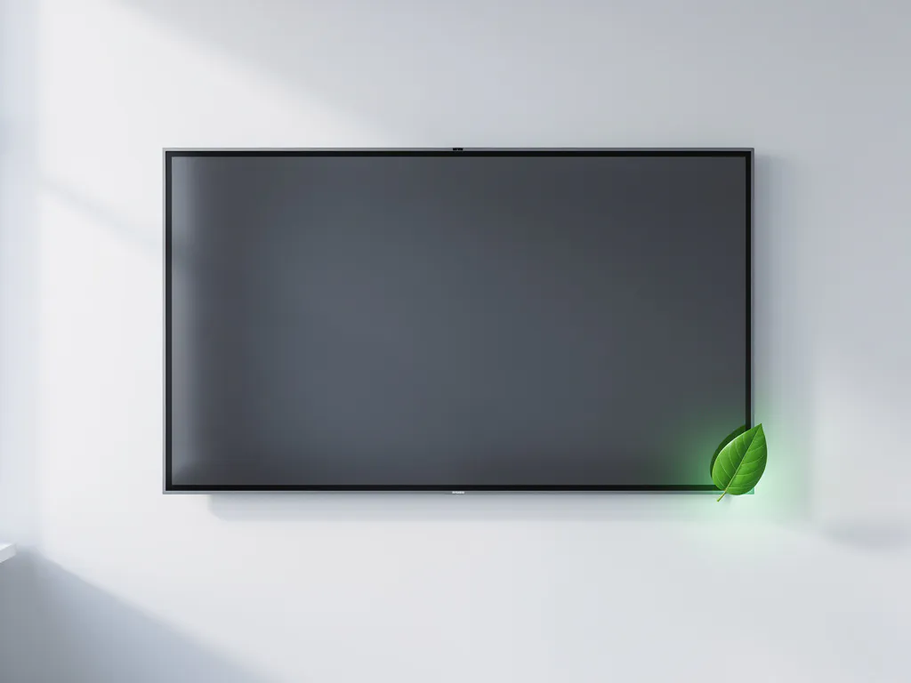 90-inch interactief touchscreen aan witte klaslokaalwand met groen energieblad tegen de rand, strak en minimalistisch ontwerp.
