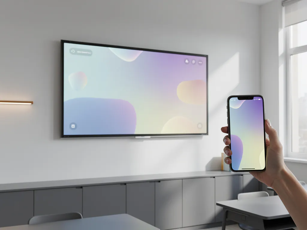 Groot interactief touchscreen van 90 inch aan klaslokaalwand, met smartphone die het scherm draadloos spiegelt.