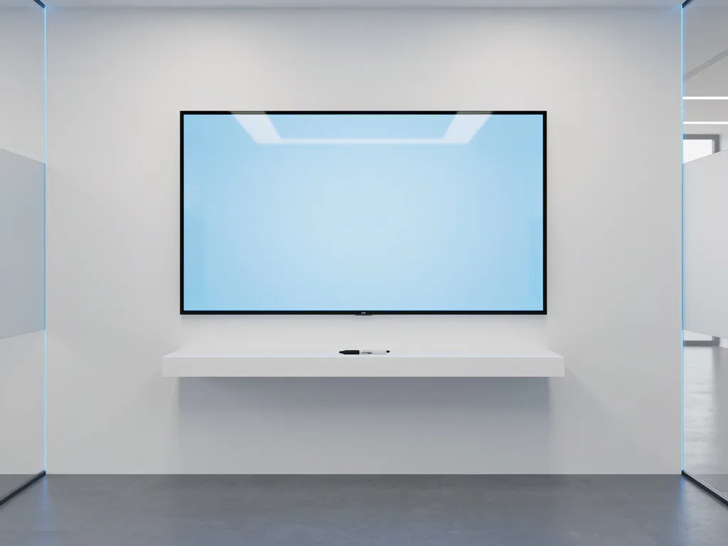 Groot 90-inch interactief touchscreen met blauw licht aan witte muur in moderne vergaderruimte, met marker op zwevende plank.
